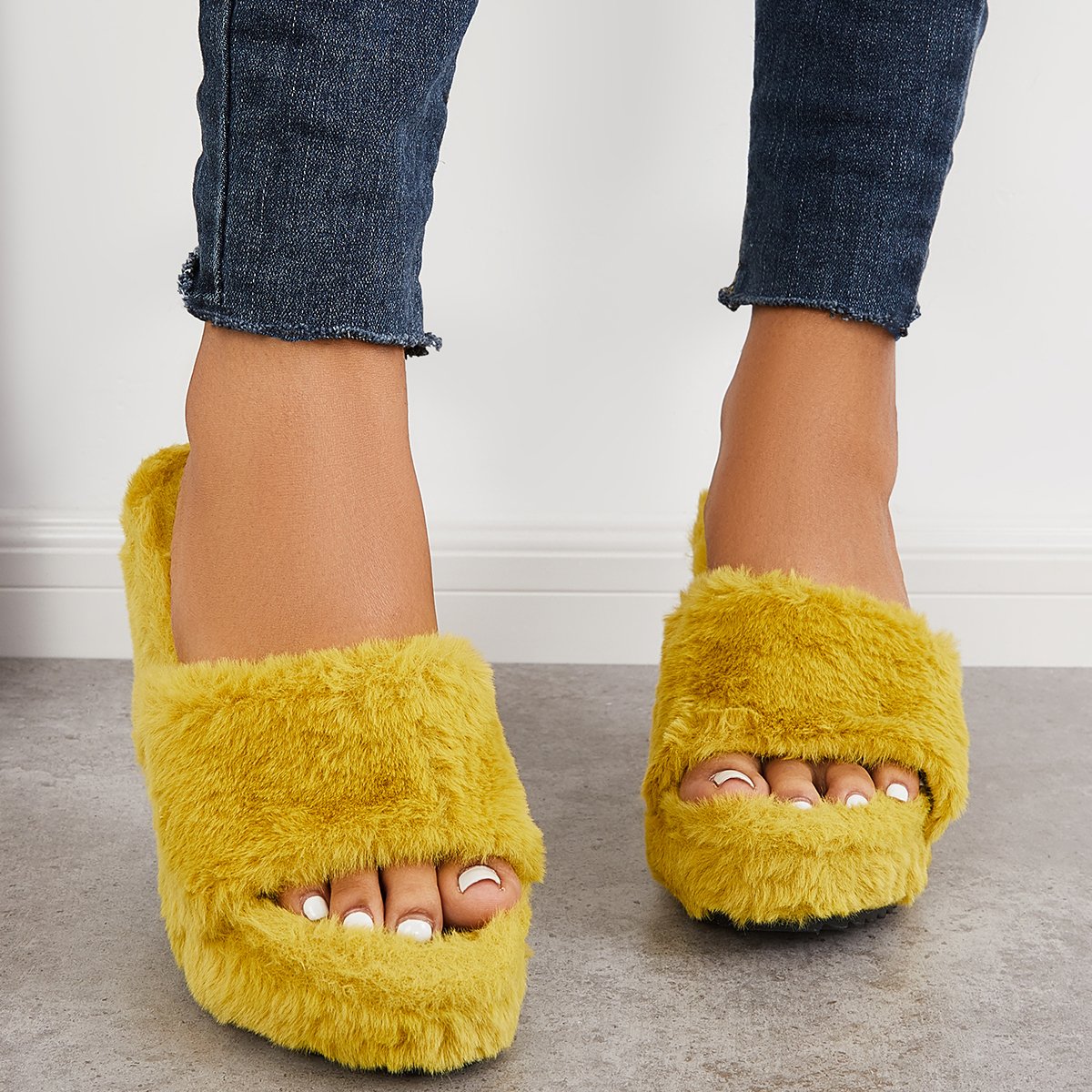 Faux Fur Wedge Slippers Furry Platform High Heel Slide Shoes