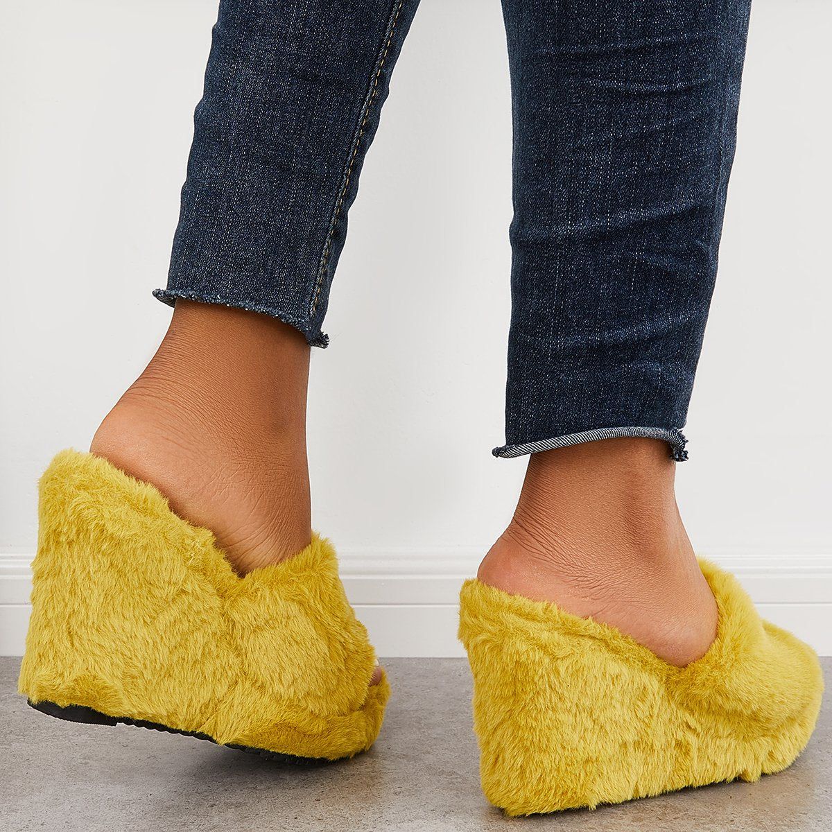 Faux Fur Wedge Slippers Furry Platform High Heel Slide Shoes