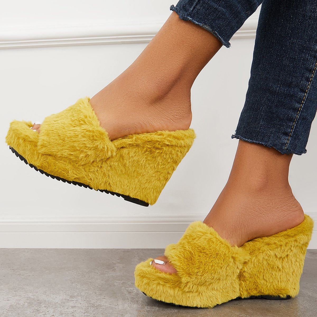 Faux Fur Wedge Slippers Furry Platform High Heel Slide Shoes