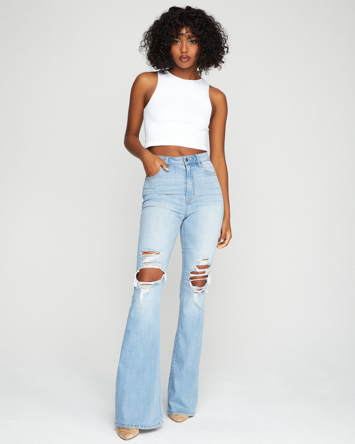 Bradly High Waisted Distressed Flare Denim Pants