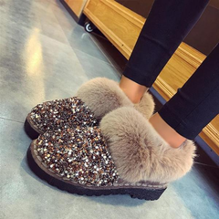 Faux Fur Sequin Flat Ankle Boots Side Zipper Short Booties