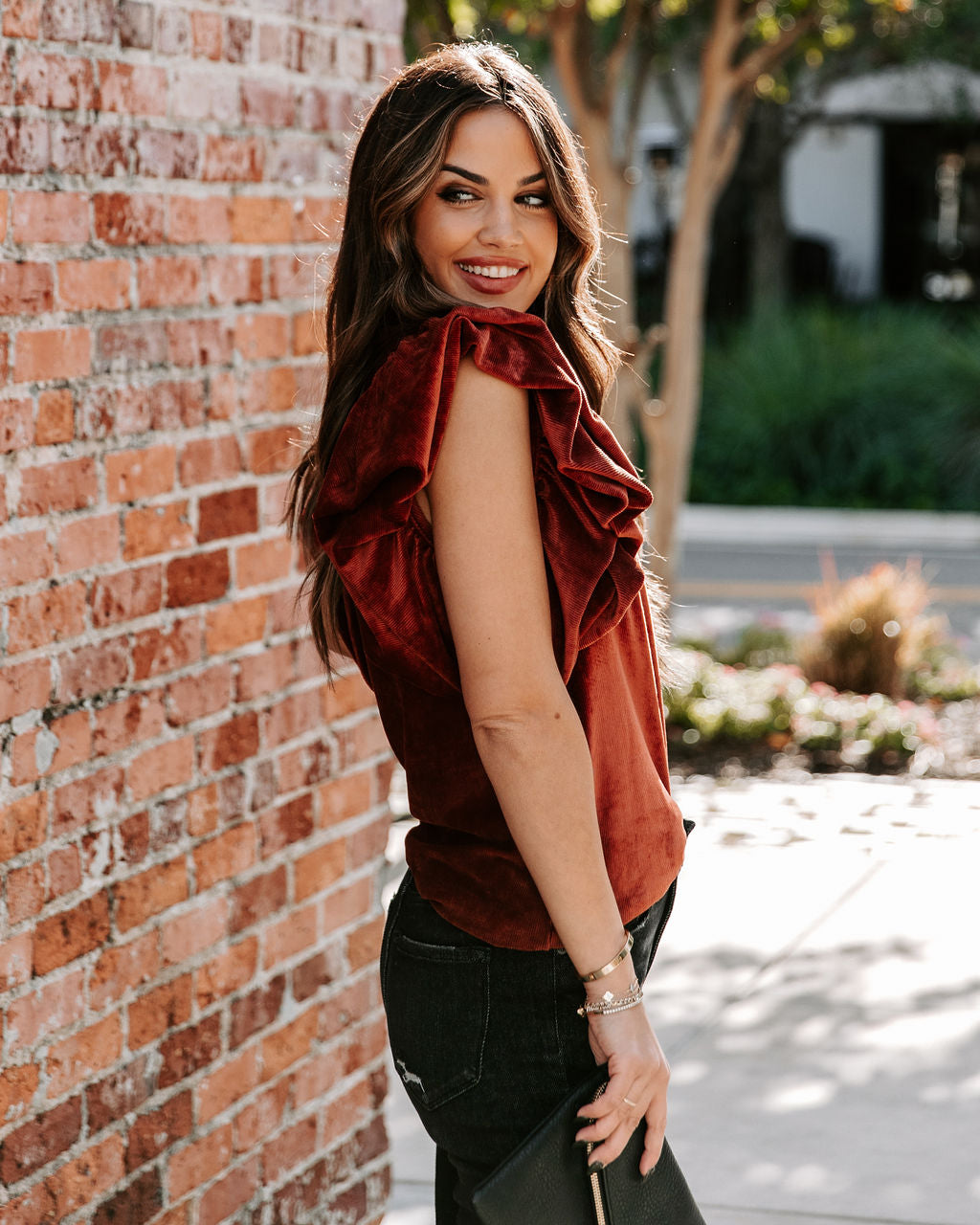 Baron Ribbed Velvet Top - Rust