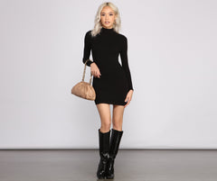 Basic Ribbed Knit Long Sleeve Mini Dress