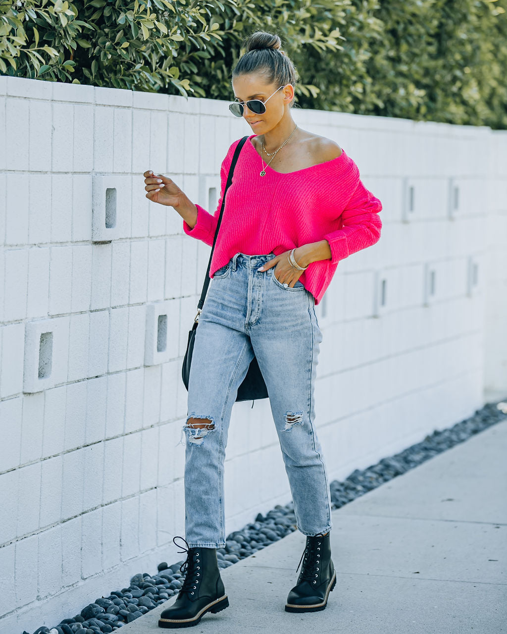 Basin Cropped Knit Sweater - Hot Pink