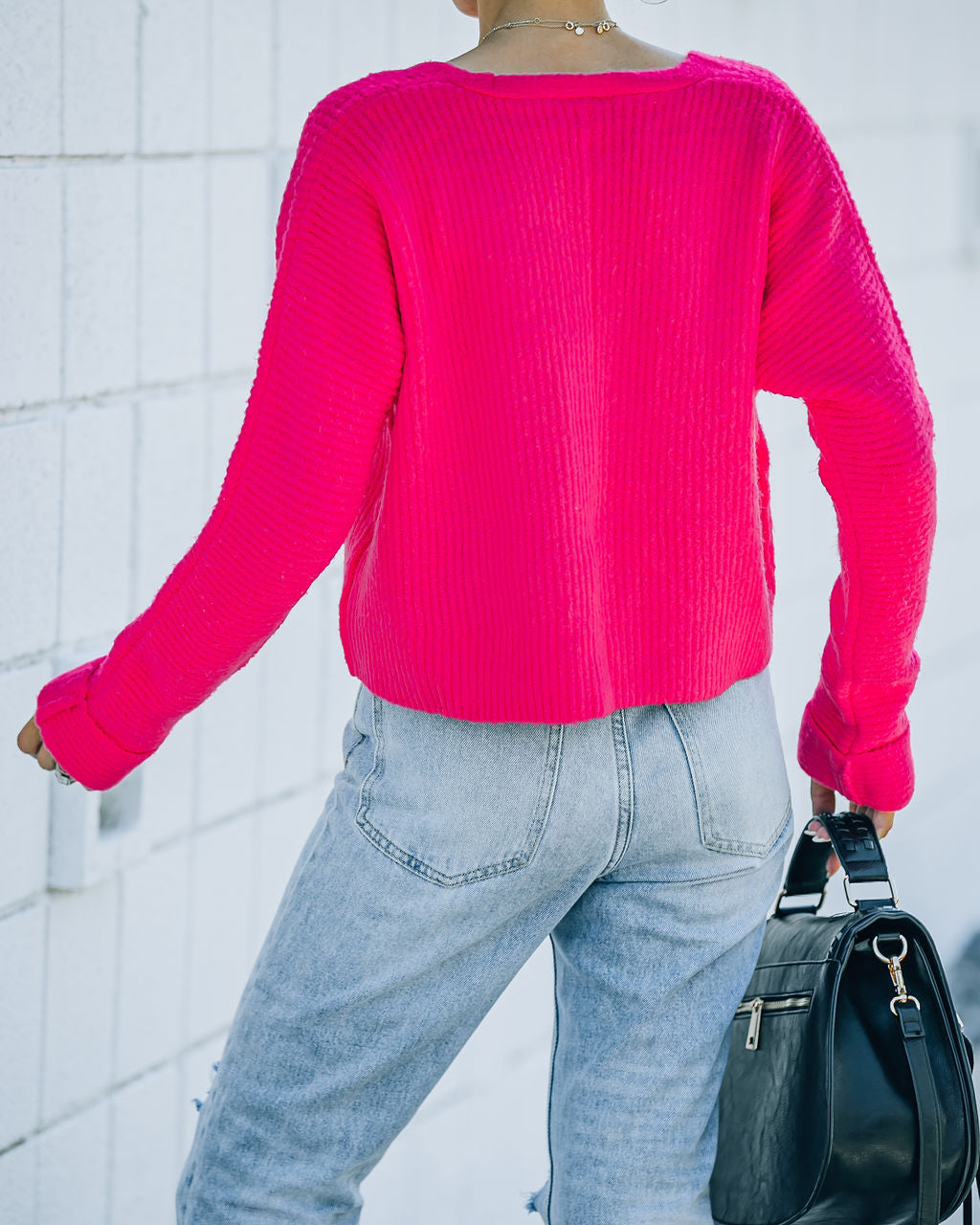 Basin Cropped Knit Sweater - Hot Pink