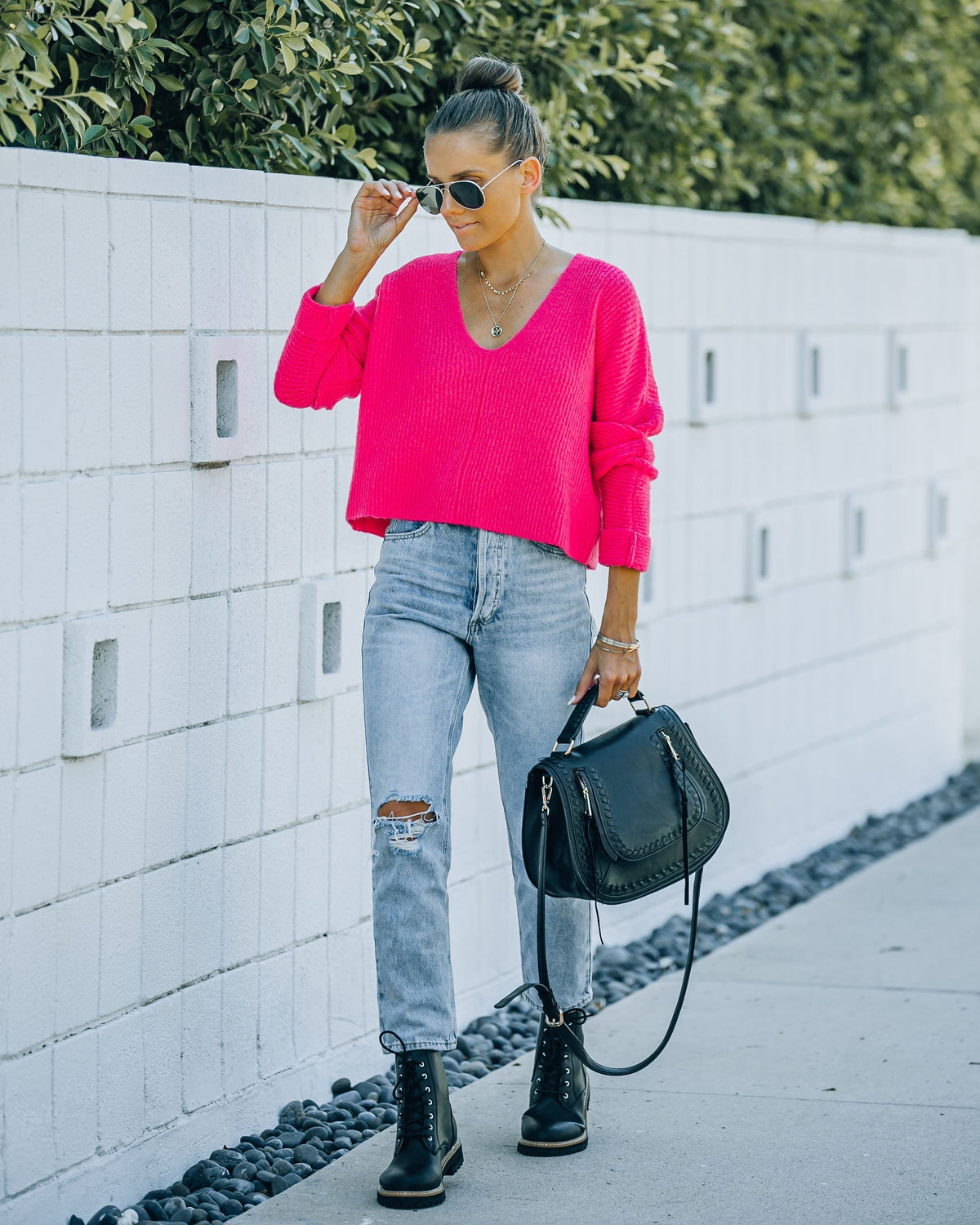 Basin Cropped Knit Sweater - Hot Pink