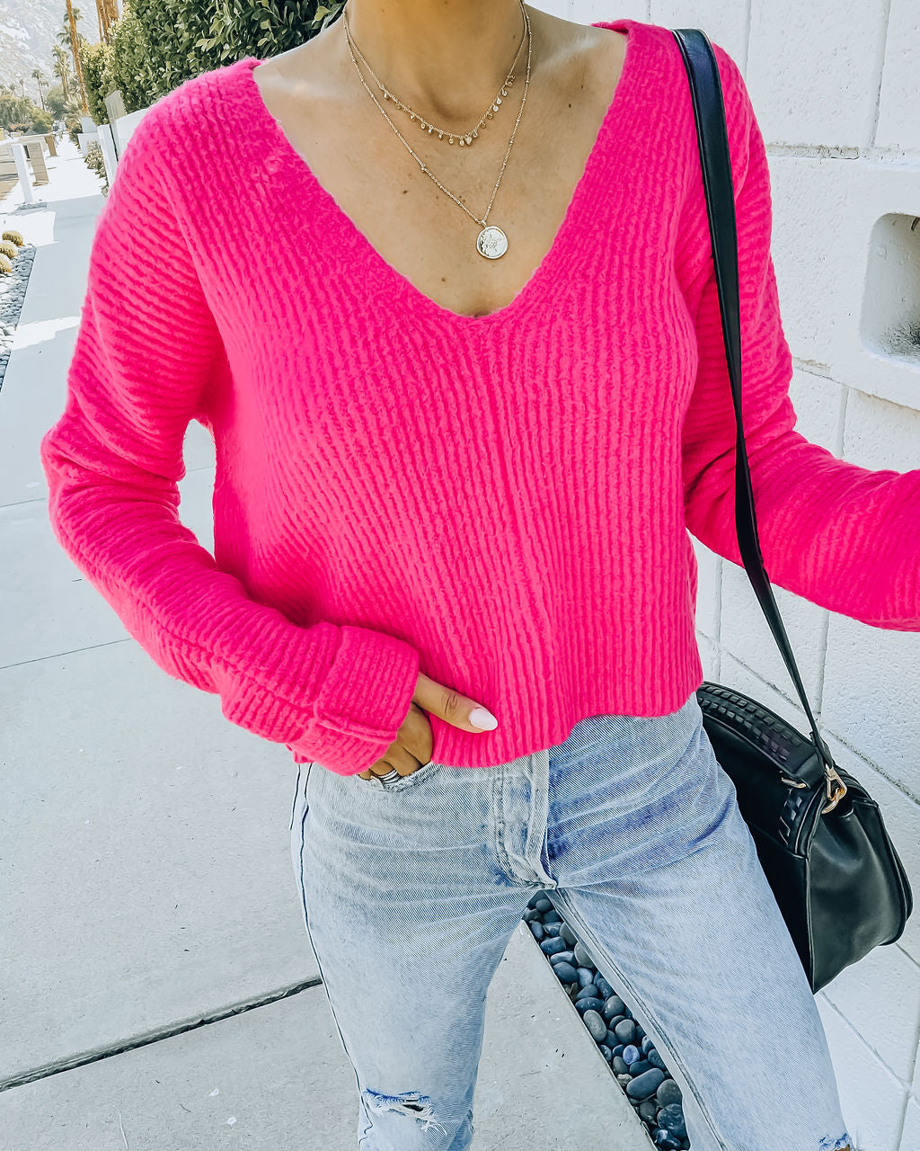 Basin Cropped Knit Sweater - Hot Pink