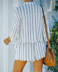 Beach Town Striped Button Down Frayed Top - White