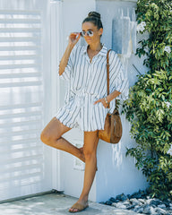 Beach Town Striped Button Down Frayed Top - White