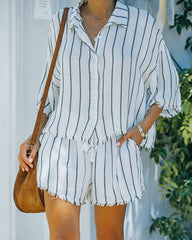 Beach Town Striped Button Down Frayed Top - White