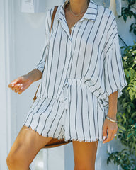 Beach Town Striped Button Down Frayed Top - White