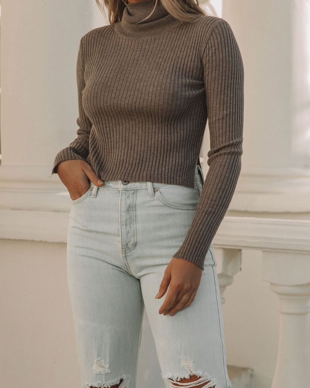 Behind The Scenes Cropped Turtleneck Knit Top - Pewter