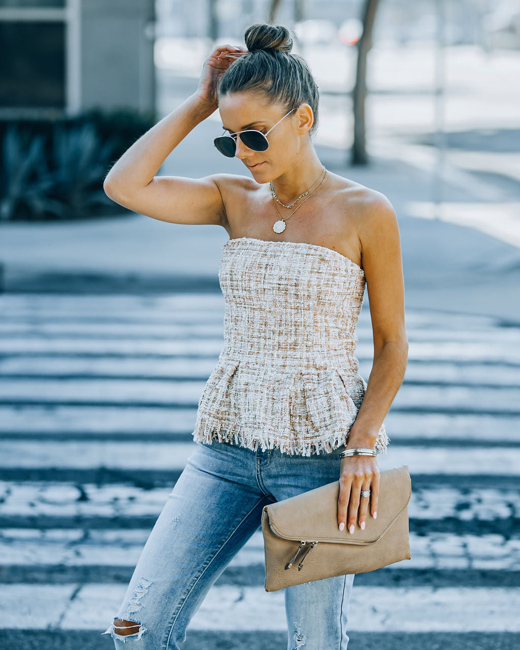 Bellany Strapless Tweed Peplum Top - Ivory Pink