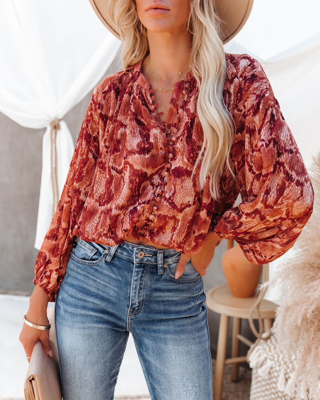 Bernal Printed Button Down Crop Blouse