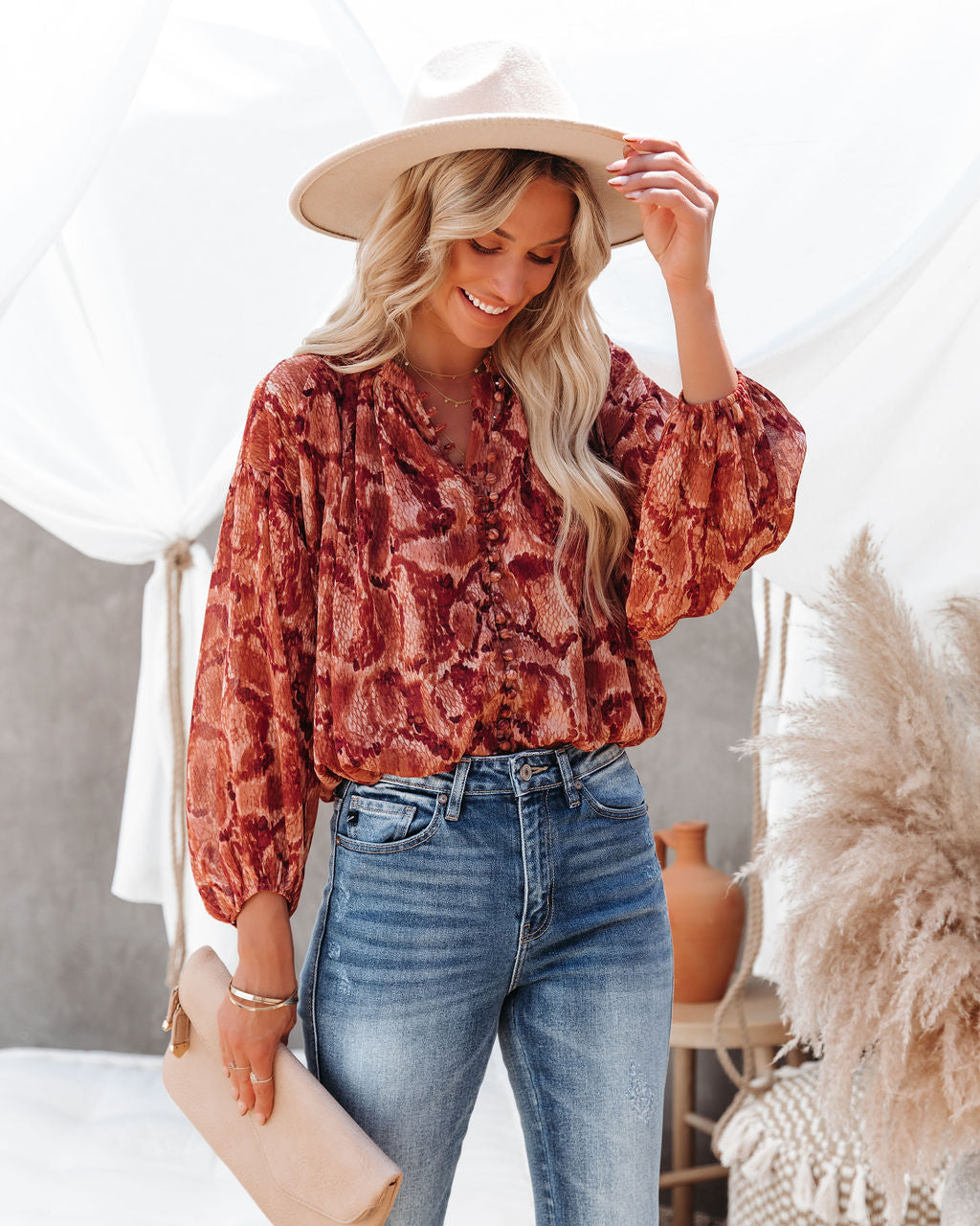 Bernal Printed Button Down Crop Blouse