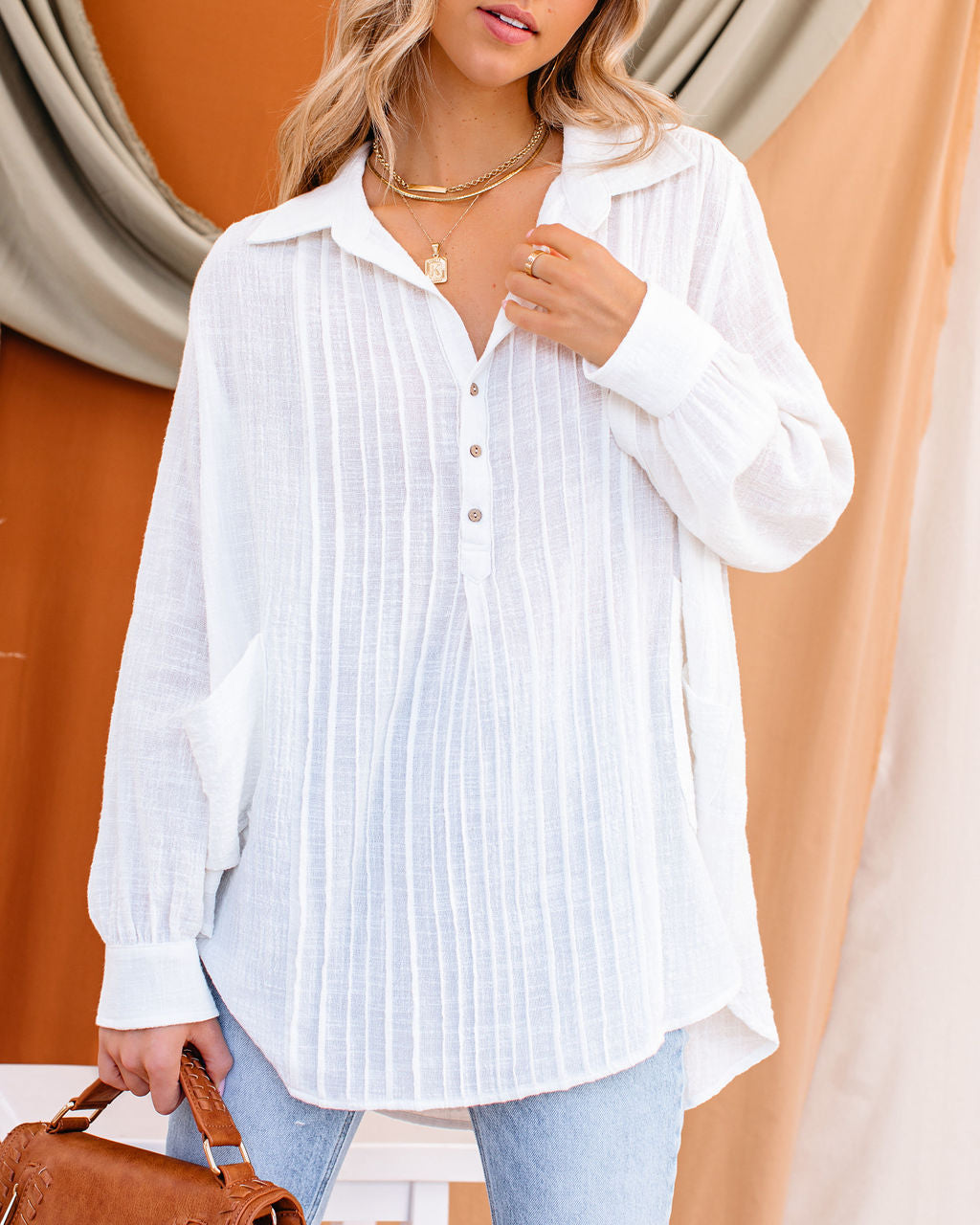 Bessie Cotton Pocketed Pintuck Button Down Top