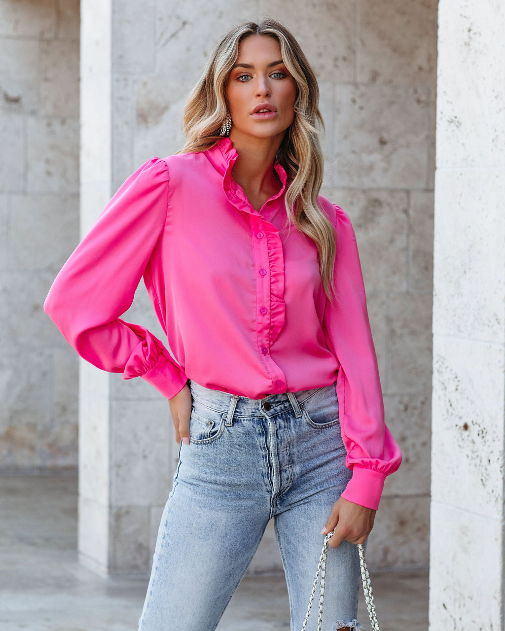 Bessy Button Down Ruffle Blouse - Pink