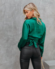 Best Bet Satin Collared Tie Blouse - Dark Green