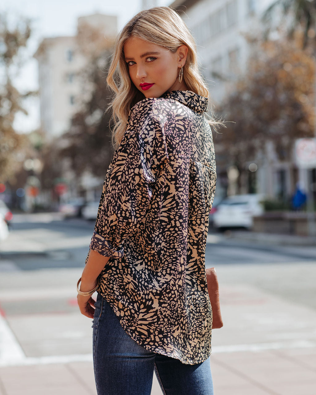 Bexlee Satin Collared Leopard Blouse