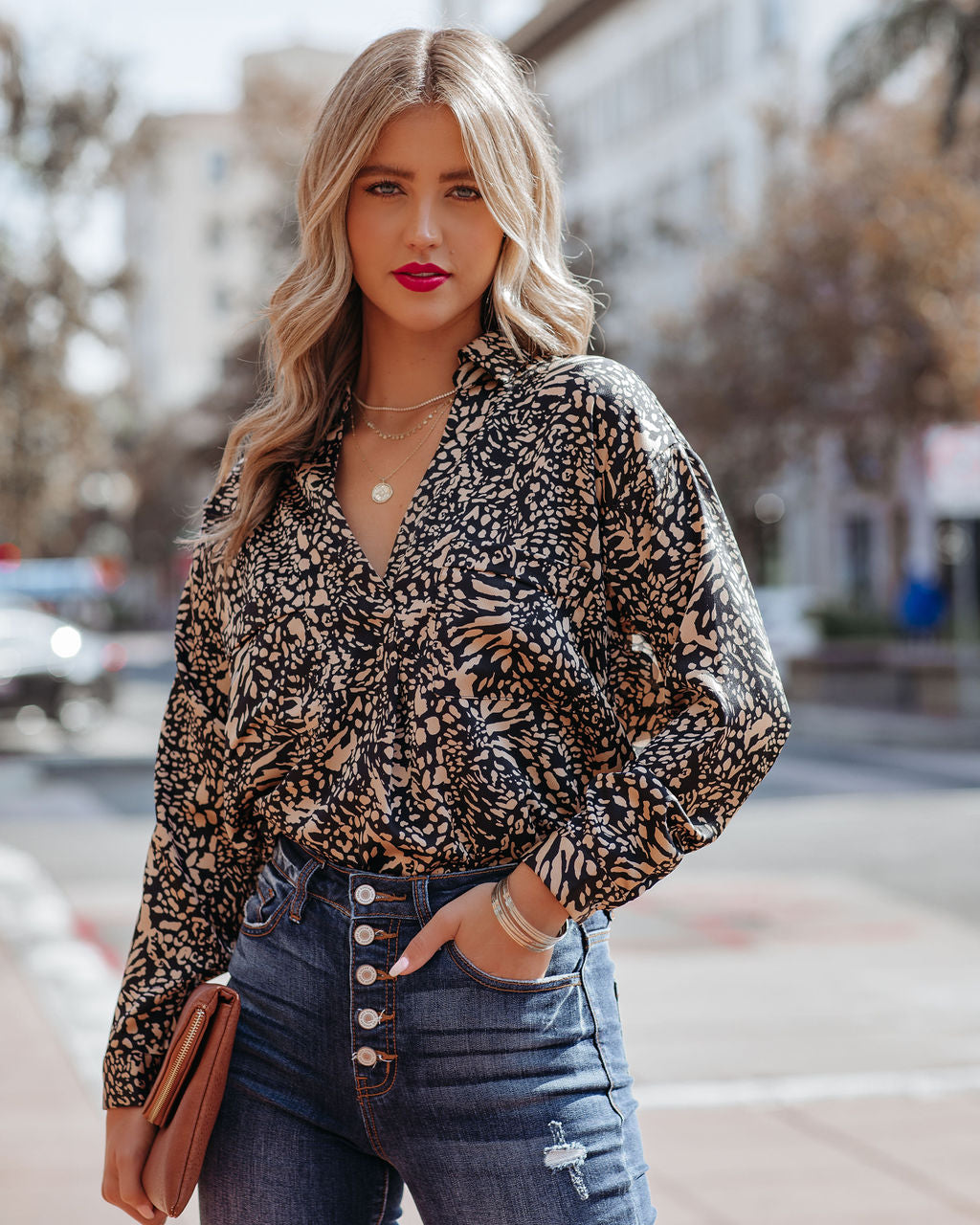 Bexlee Satin Collared Leopard Blouse