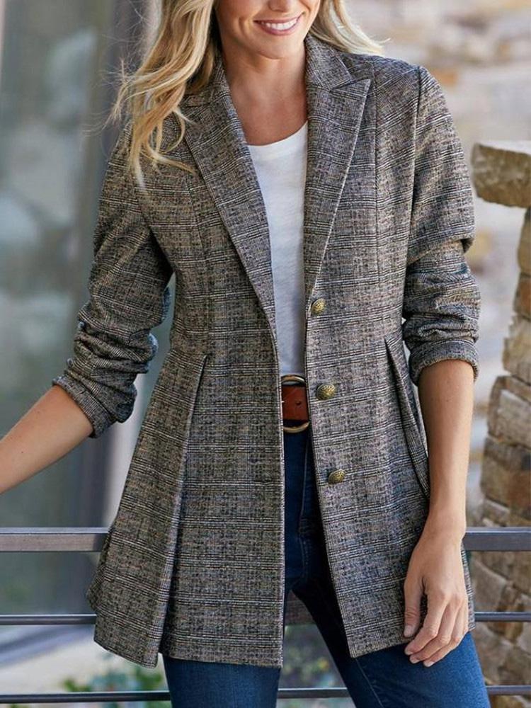 Blazer Lapel Check Print Button Ruffle Hem Blazer