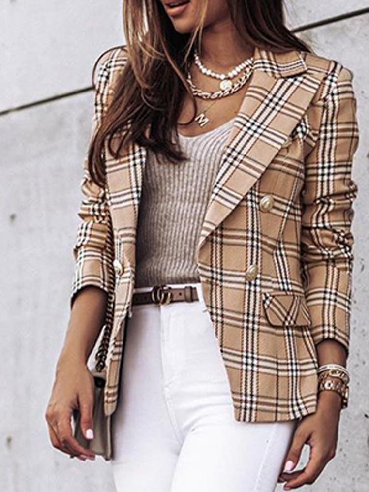 Blazers Double-Breasted Plaid Printed Long Sleeve Blazer