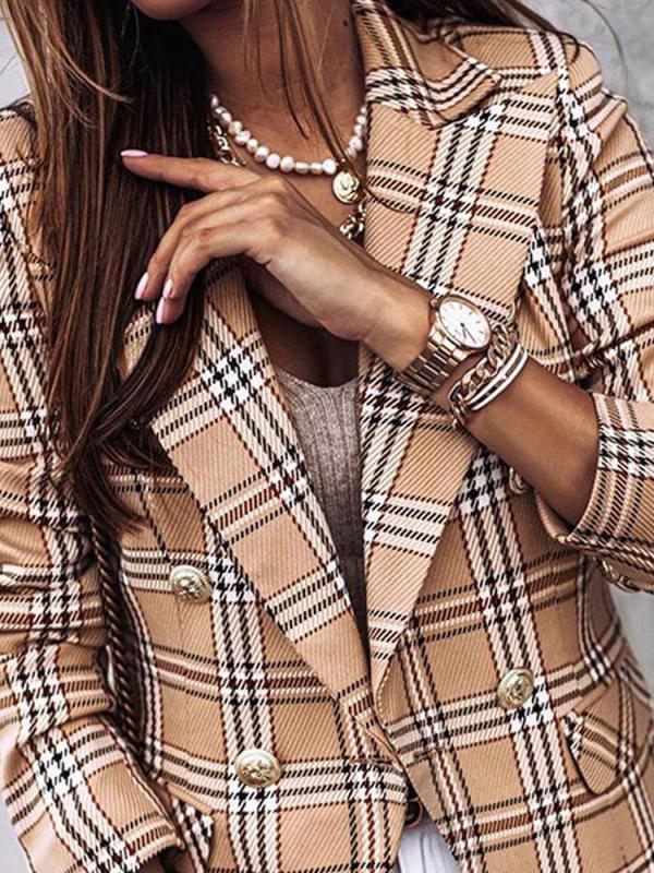 Blazers Double-Breasted Plaid Printed Long Sleeve Blazer