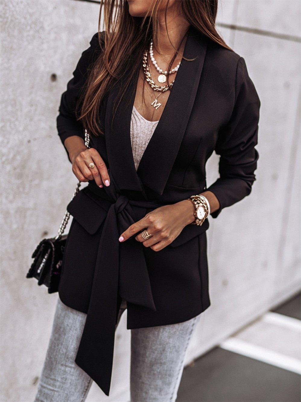 Blazers Fashion Lapel Belted Long Sleeve Blazer