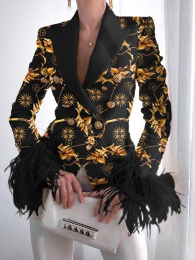 Blazers Fashion Print Button Long Sleeve Feather Blazer