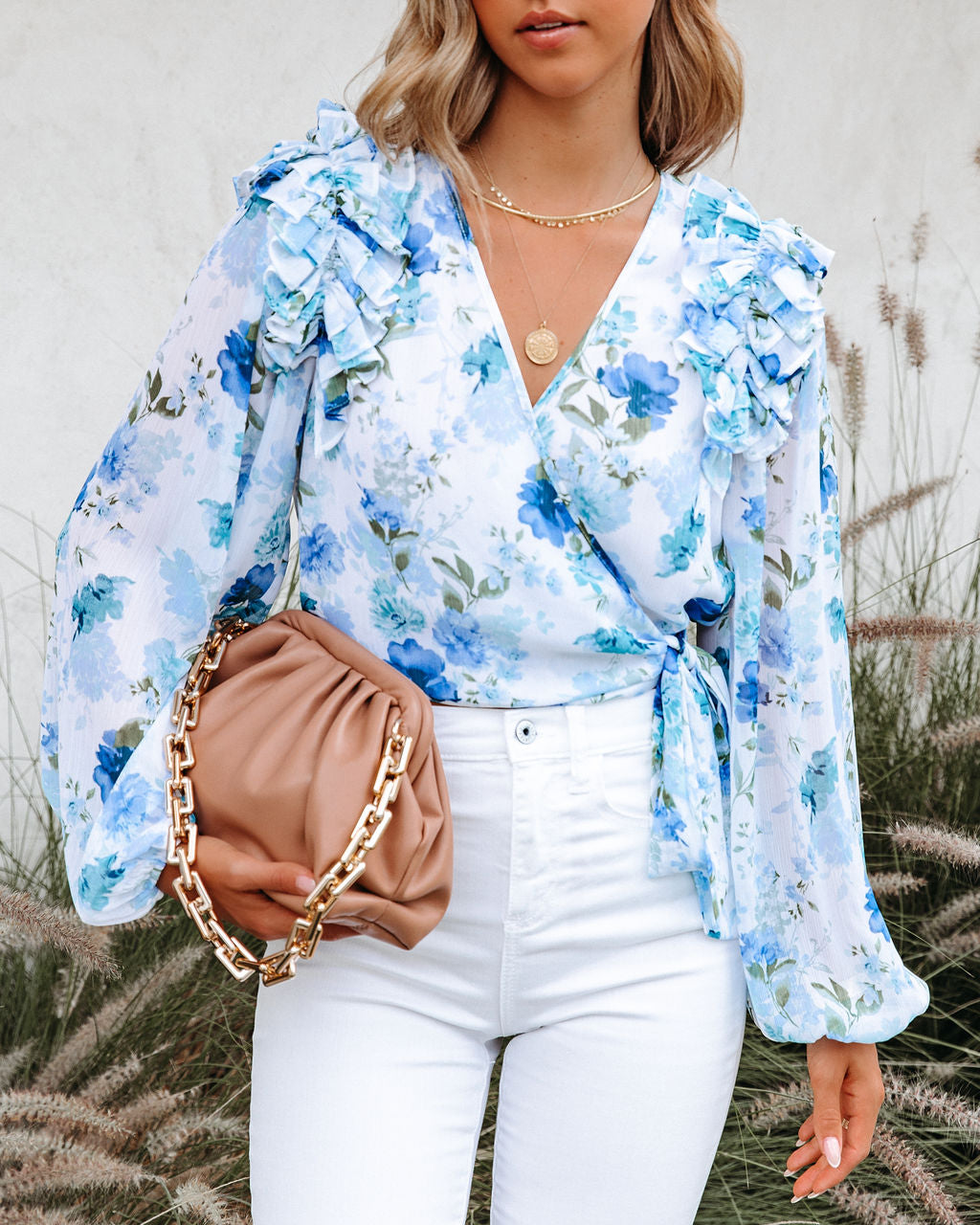 Bleu De France Floral Chiffon Ruffle Wrap Blouse