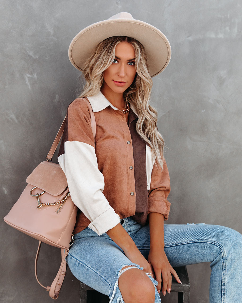 Blithe Faux Suede Colorblock Button Down Top