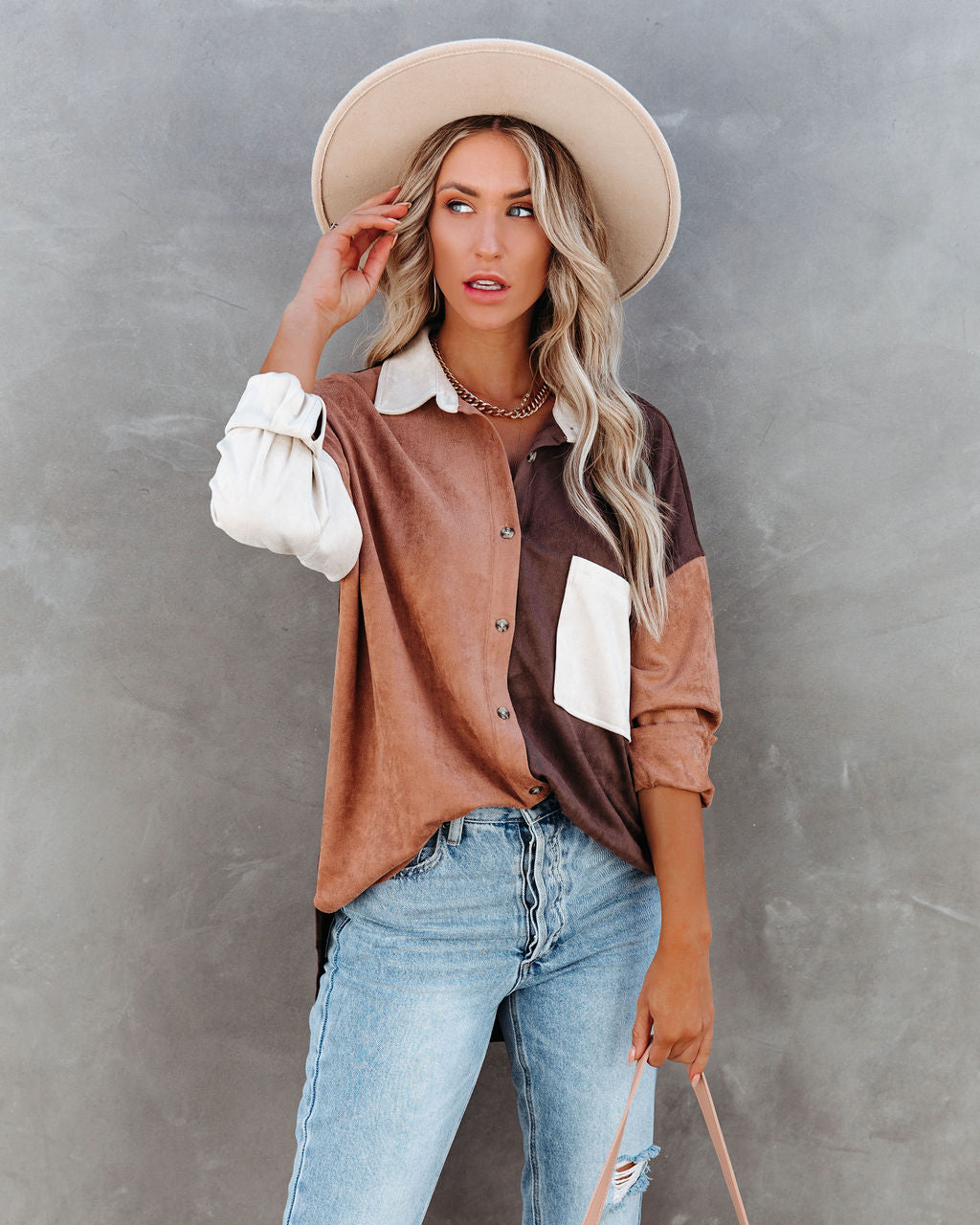 Blithe Faux Suede Colorblock Button Down Top