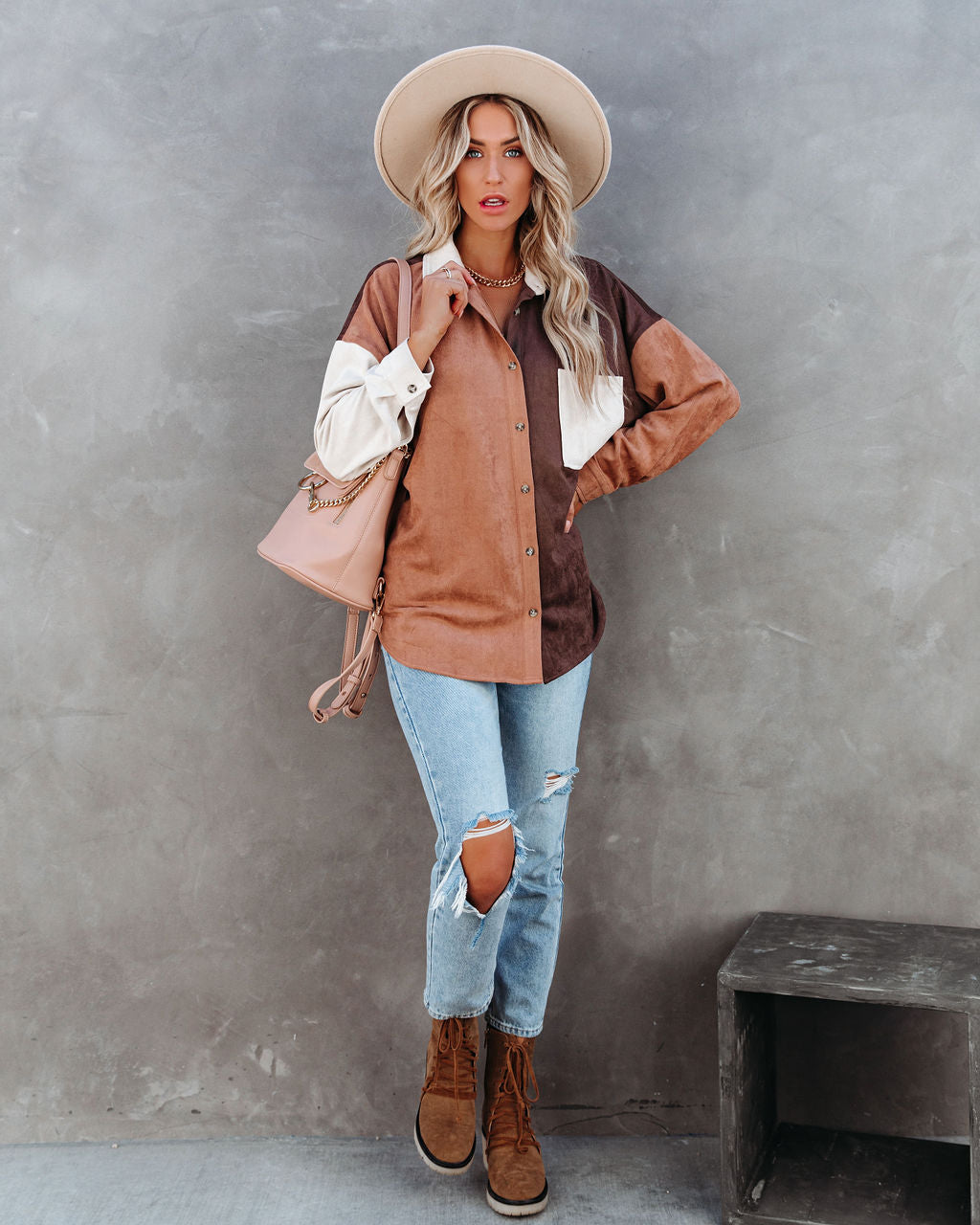 Blithe Faux Suede Colorblock Button Down Top