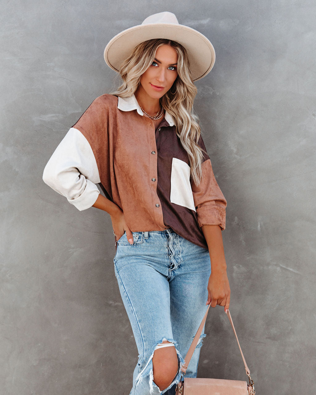 Blithe Faux Suede Colorblock Button Down Top
