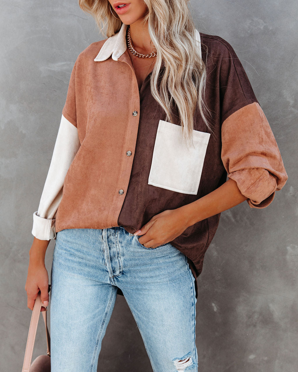 Blithe Faux Suede Colorblock Button Down Top