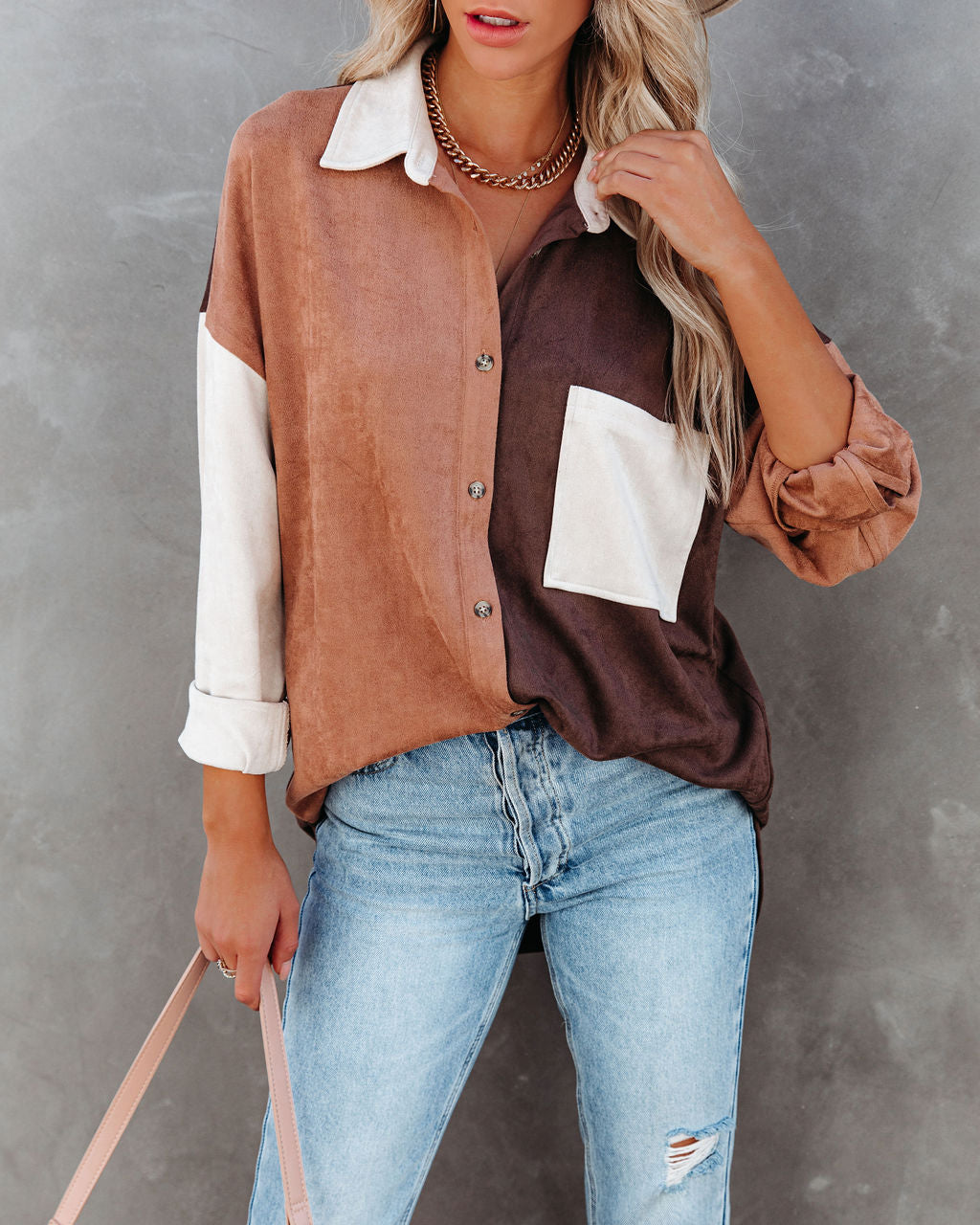Blithe Faux Suede Colorblock Button Down Top