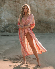 Blue Crush Printed Metallic Duster Kimono - Blush