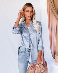 Blue Moon Satin Embossed Button Down Blouse - Slate