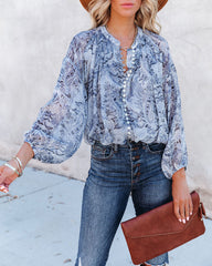 Blue With Bliss Printed Button Down Crop Blouse