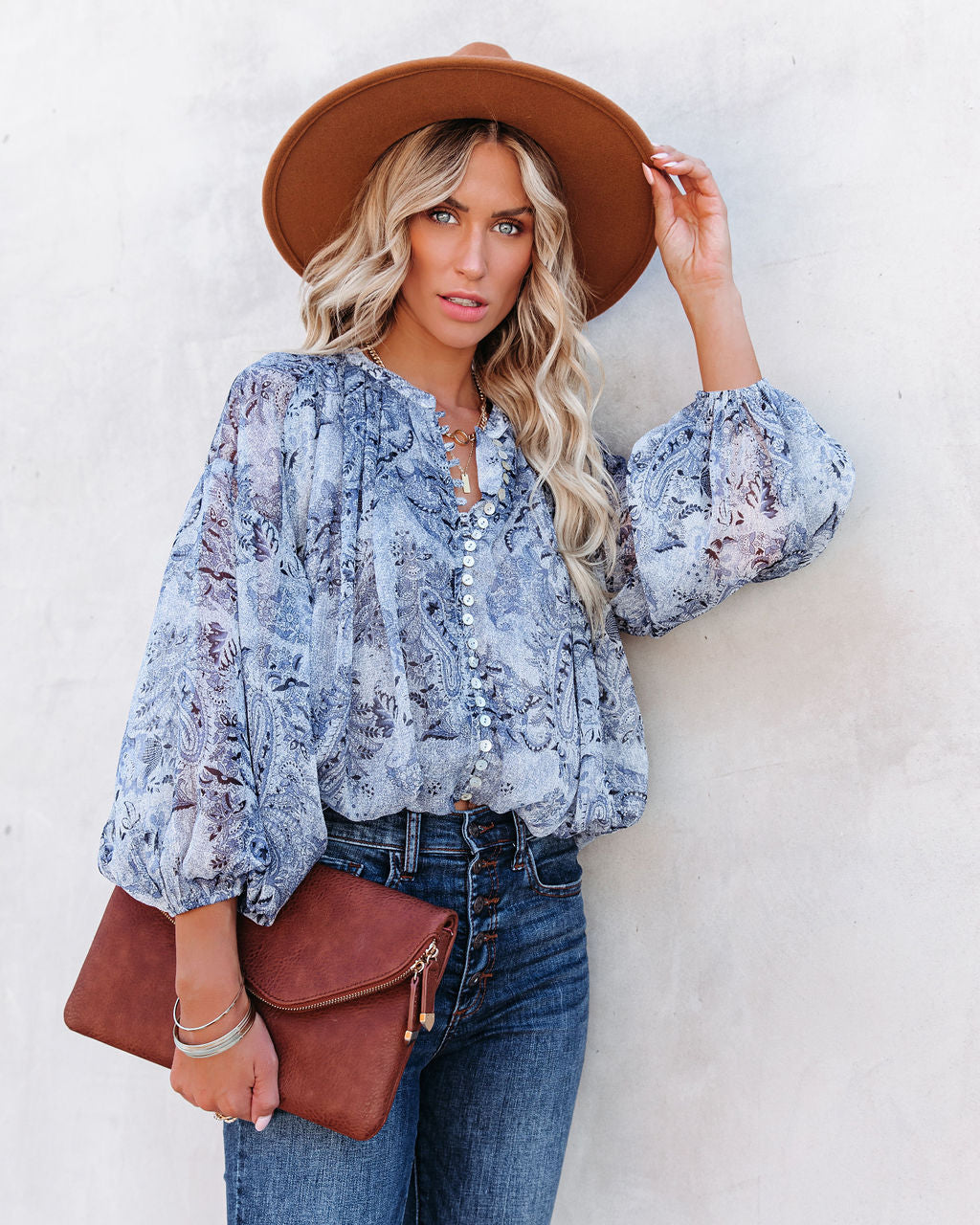 Blue With Bliss Printed Button Down Crop Blouse