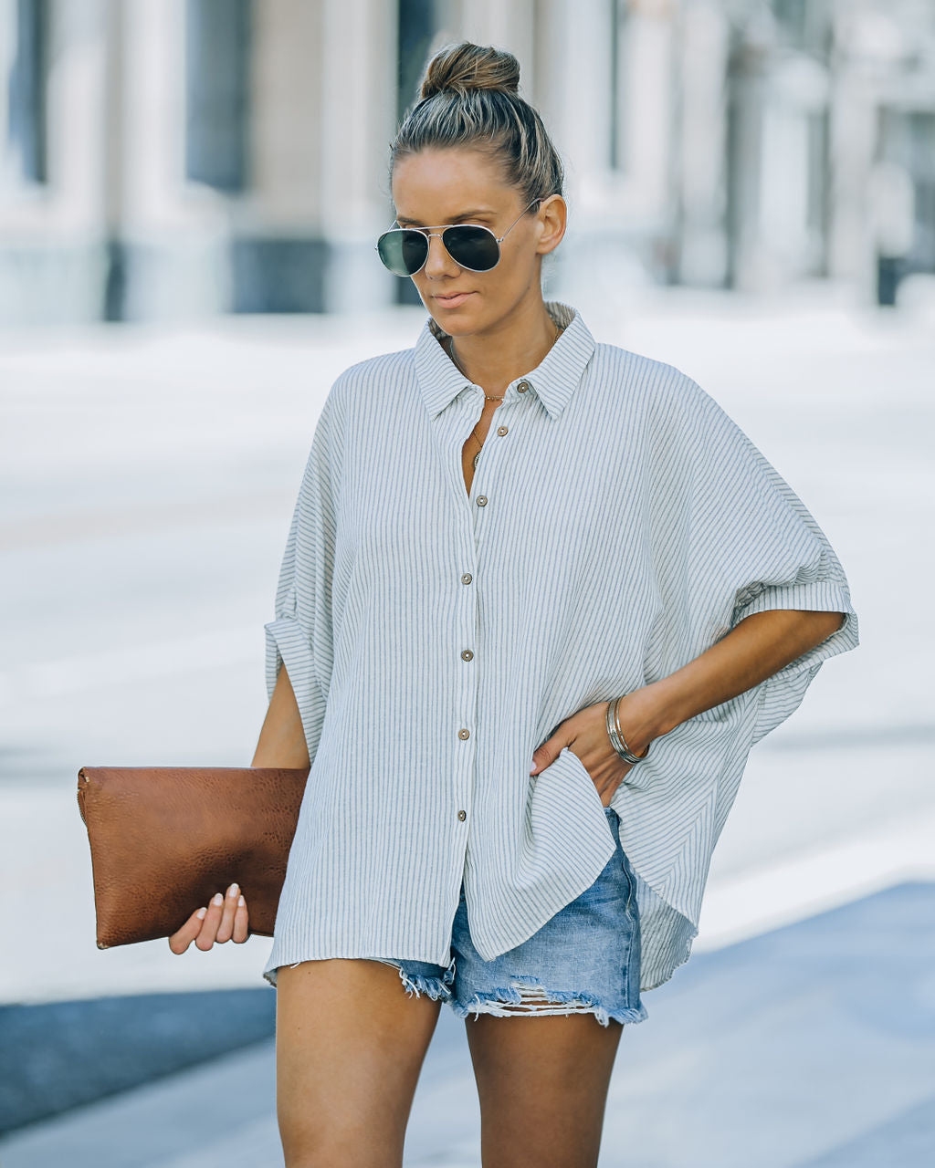 Boden Striped Relaxed Button Down Top - Denim Blue