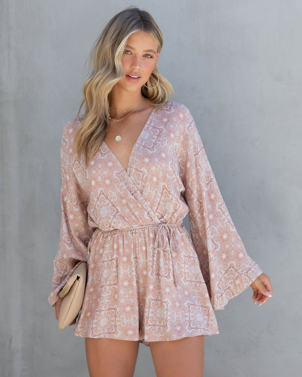 Bohemian Summer Printed Bell Sleeve Romper - Taupe