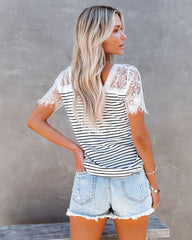 Bonus Points Striped Lace Top - White