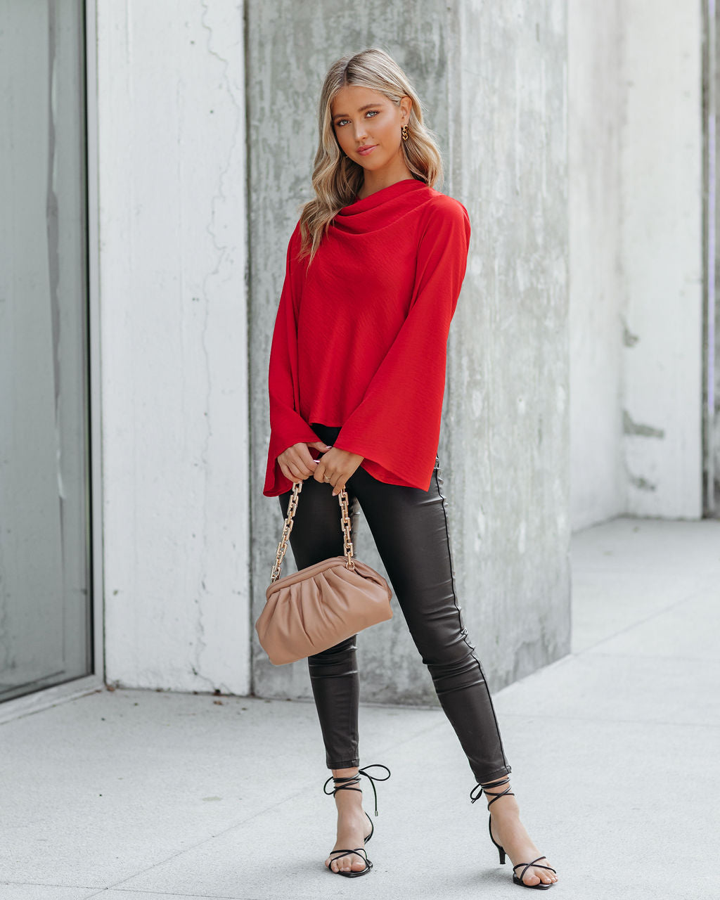 Booked Solid Satin Cowl Neck Blouse - Red