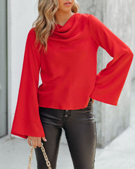 Booked Solid Satin Cowl Neck Blouse - Red