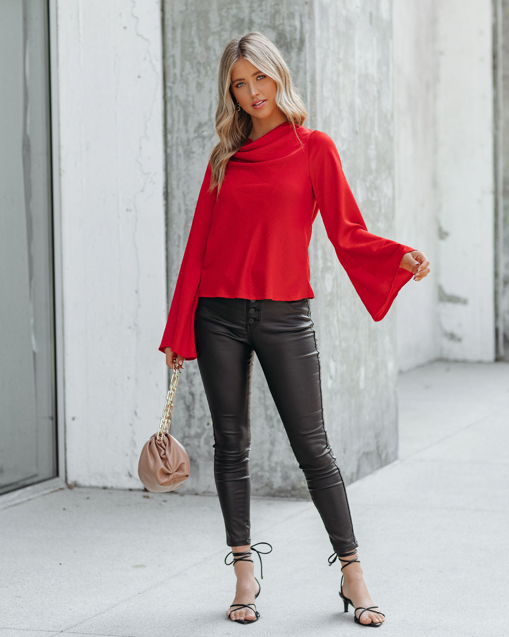 Booked Solid Satin Cowl Neck Blouse - Red