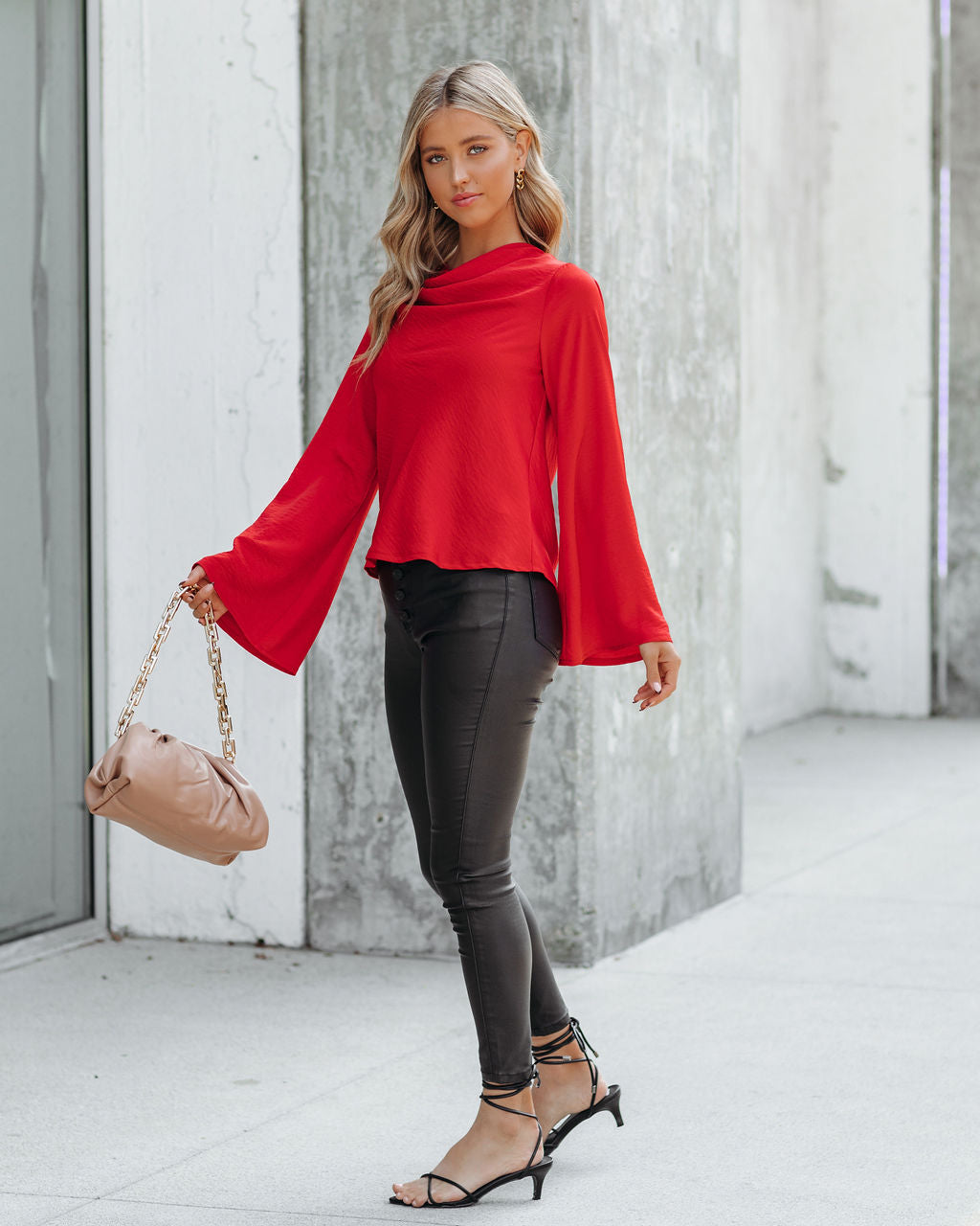 Booked Solid Satin Cowl Neck Blouse - Red