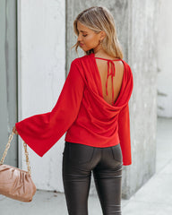 Booked Solid Satin Cowl Neck Blouse - Red