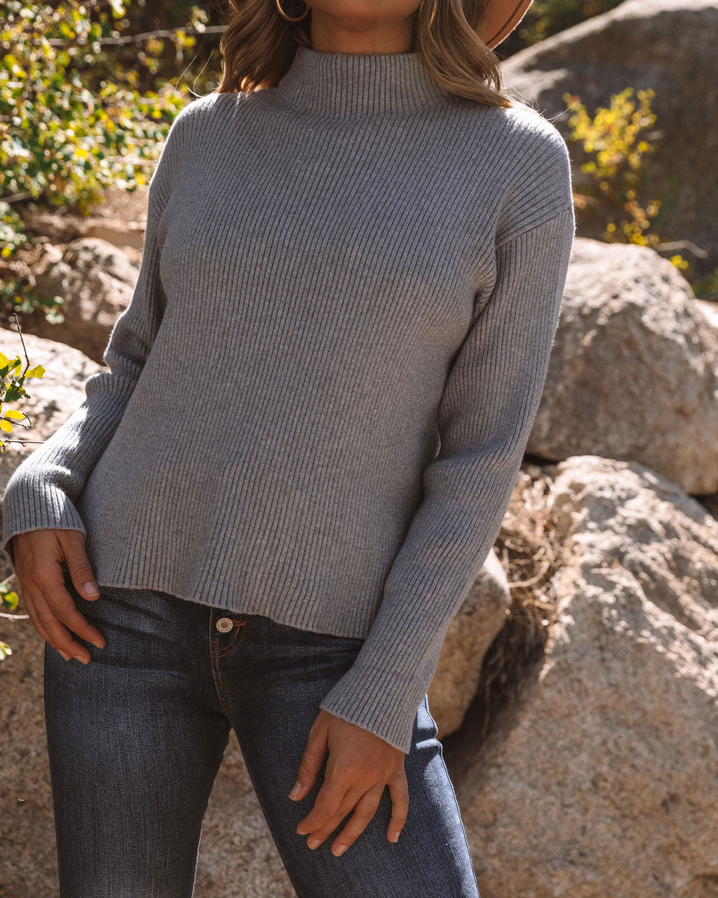 Branford Ribbed Mock Neck Knit Sweater - Heather Grey