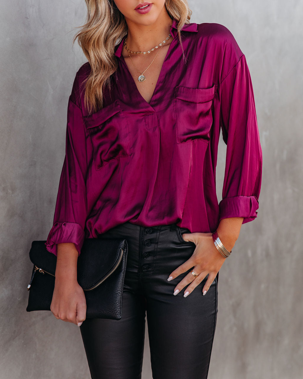 Braya Satin Collared Blouse - Burgundy